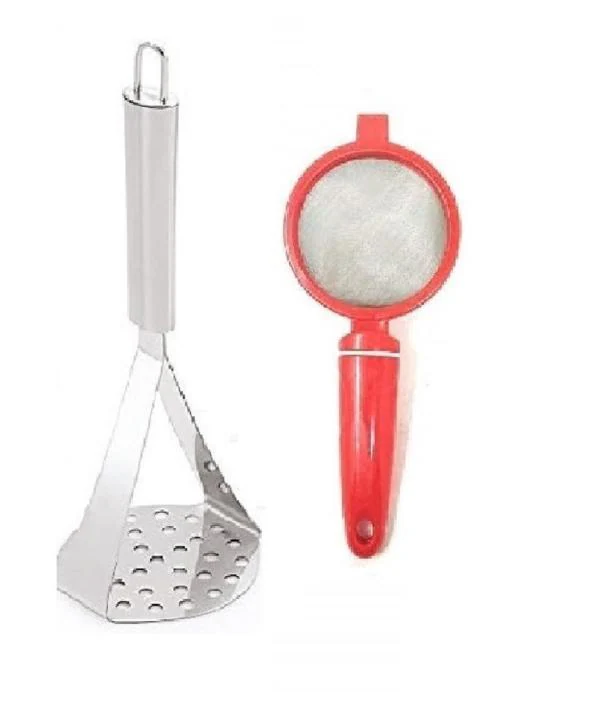 Stainless Steel Potato Masher With Solid Plastic Tea Strainer and