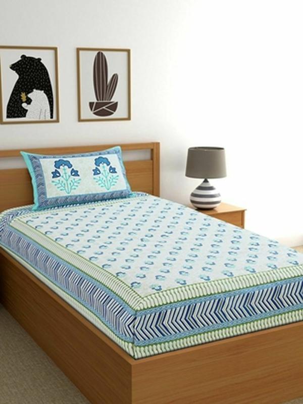 Salona Bichona 100 Cotton 120 Tc Blue Floral Printed Single Bedsheet