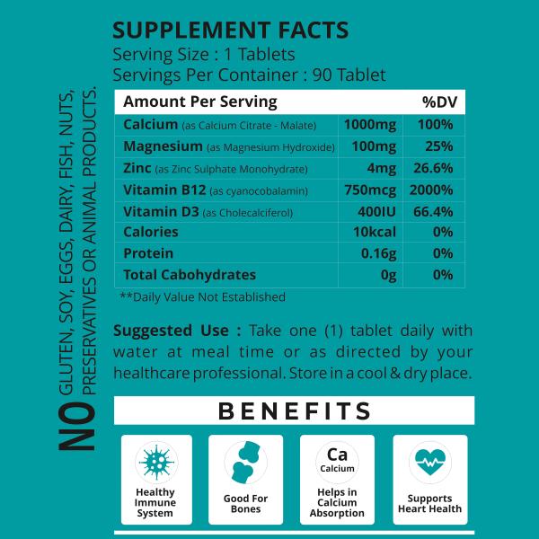 DAILY NUTRA calcium, Magnesium, Zinc with Vitamin D3 & B12 for men and women, Ideal for bone