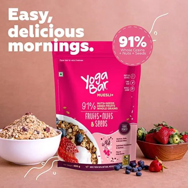 Yogabar Fruit and Nuts Muesli (400g Pack of 2) Healthy Protein Breakfast Cereal Added