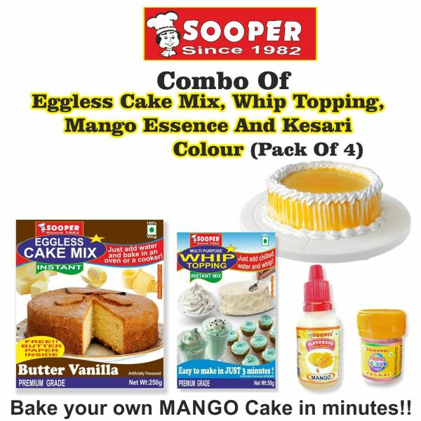 SOOPER CAKE MIX + WHIPPING CREAM MIX + MANGO ESSENCE + KESARI COLOUR