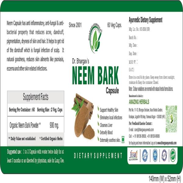 Neem bark Capsule Support Healthy Skin Cleanses liver Kills germs