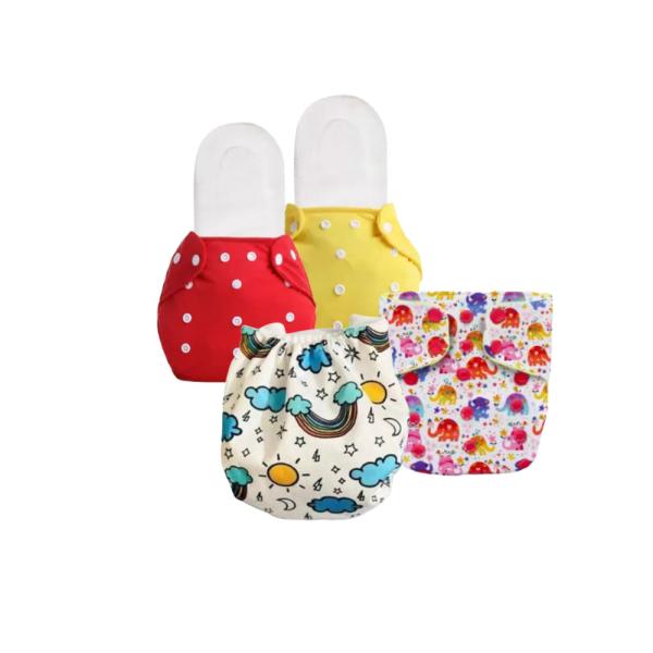 Chubby Cheeks Resuable Printed 2 Cloth& 2 Solid Diapers with 2Pcs of 3