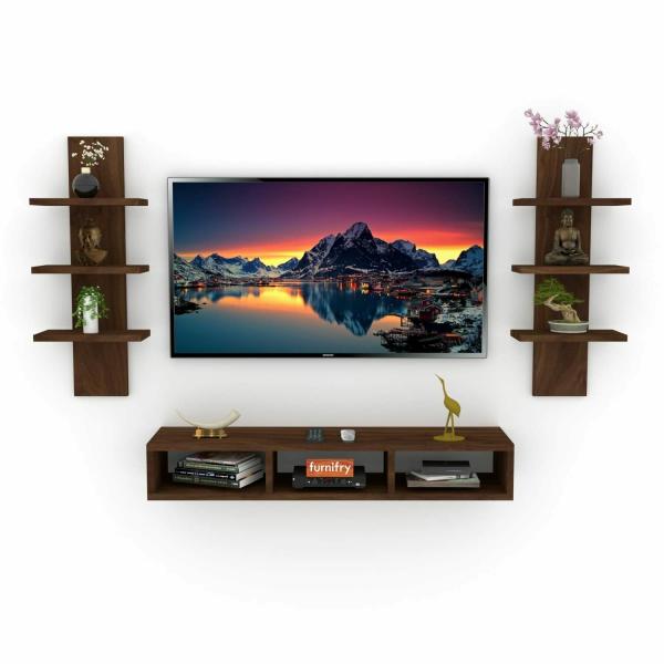 Furnifry Wooden TV Entertainment Unit with 2 Wall Shelf for Bedroom