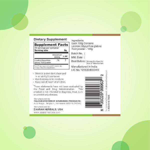 Zaarah Herbals Natural Licorice Root Powder 100gms Each Supports