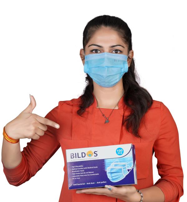 Bildos 3 layer non woven disposable surgical face mask for men and women ( Blue, Pack of 100