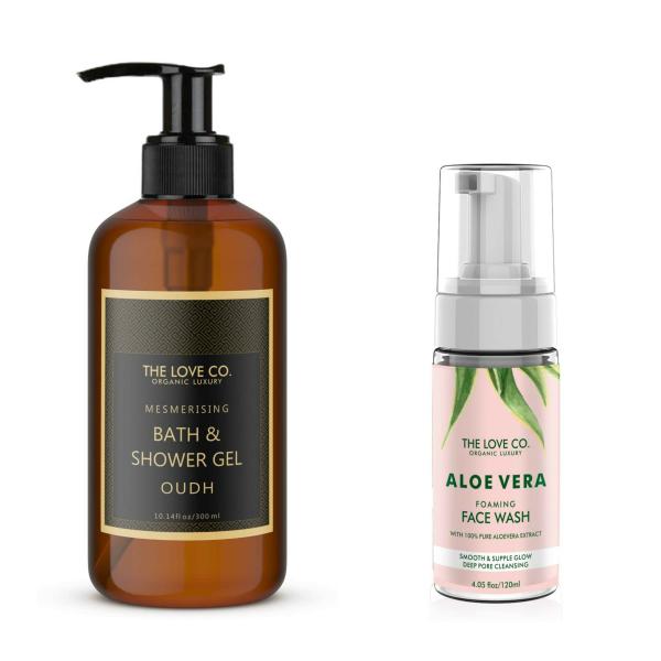 The Love Co. Oudh Body Wash, Aloe Vera Foaming Face Wash (Set Of 2