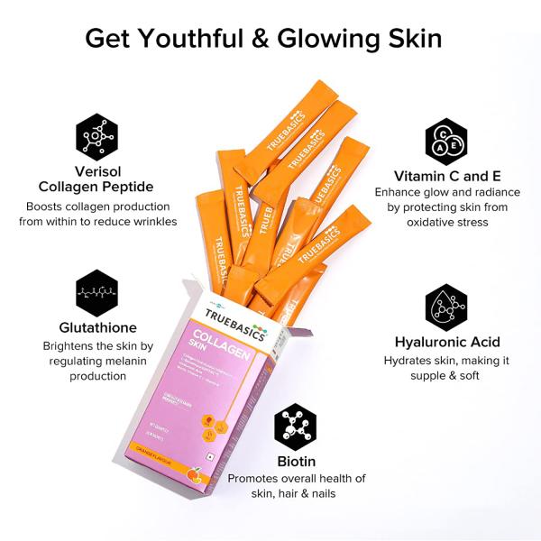 TrueBasics Collagen Skin with L-Glutathione, Collagen Peptides, Biotin,  Vitamin C & Vitamin E, for Wrinkle Reduction, Anti-Ageing, Glowing Skin,  Healthy Hair & Nails, Clinically Researched Ingredients (Orange, 30  Sachets) - JioMart