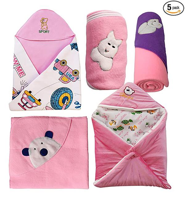 My New Born Baby Fleece Blanket Gift Set (Pink, 09 Months) Set of 5