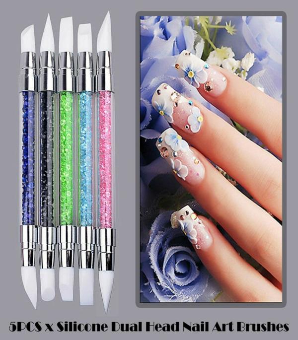 Looks United 5 pieces 2 Way Silicone Head Acrylic Handle Nails Brush  Carving Dotting Painting Pen With 10 Nail Art Striping Tape Rolls (Pack Of  15) - JioMart