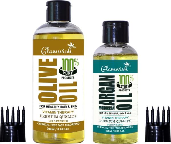 Glamwish Pure Hexane Free Cold Pressed Olive Oil 200ml & Moroccan Argan Oil 100ml & Comb Hair