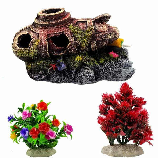 Jainsons Aquarium Fish Tank Decoration Plastic 2 Plants and 1 Submarine