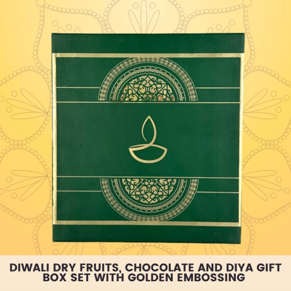 Diwali Print Gift Box Diyas, Dried Fruits, Nuts and Chocolate Gift