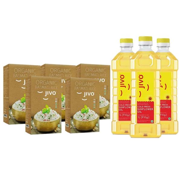 Jivo Cold Pressed Sunflower Oil 1L (Pack of 3) + Jivo Organic Basmati