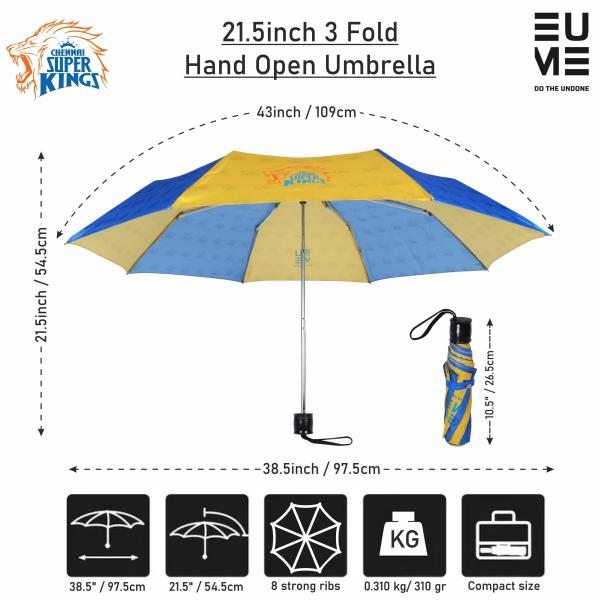 EUME 21.5 Inch 3 Fold Hand Open Official Chennai Super Kings Umbrella