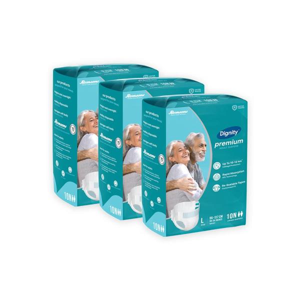Dignity Premium Adult Diapers, Large, Waist Size 38" 54" , 10 Pcs/Pack (Pack of 3) 30 Pcs