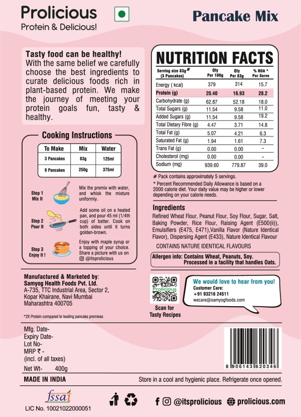 Prolicious High Protein Pancake Mix 400 gms High Protein Vegan