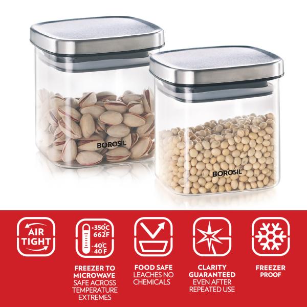 Borosil Classic Square Glass Jar, AirTight Storage Container For