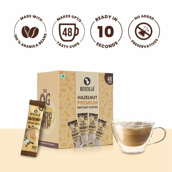 BEVZILLA Instant Coffee Powder 48 Sachets (Hazelnut) Hot & Cold