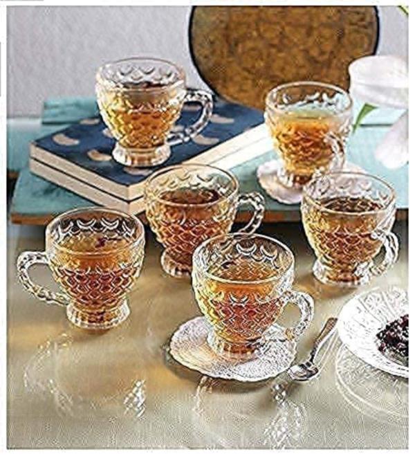 Cracker Transparent Glass Fish Tea Cup Mug With Handle For Hot And Cold Drinks 210ml (Pack Of 6