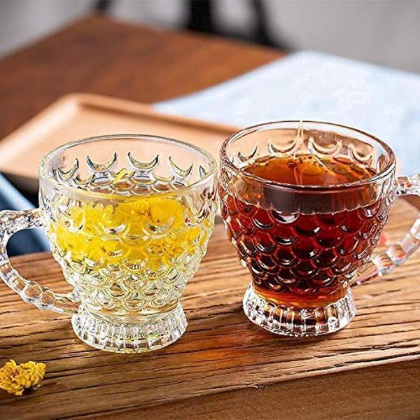 Cracker Transparent Glass Fish Tea Cup Mug With Handle For Hot And Cold Drinks 210ml (Pack Of 6