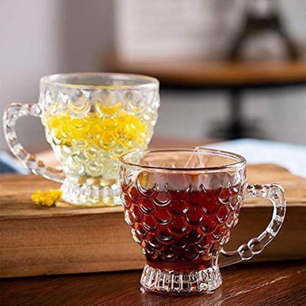 Cracker Transparent Glass Fish Tea Cup Mug With Handle For Hot And Cold Drinks 210ml (Pack Of 6