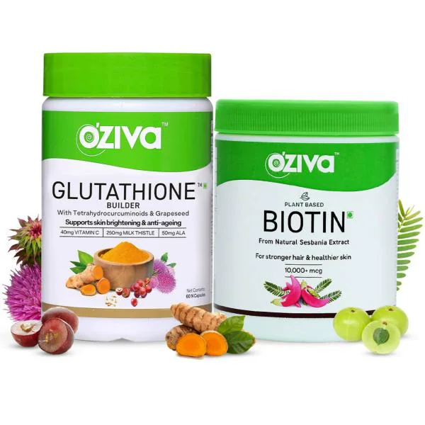 OZiva Plant Based Biotin 10000mcg+(with Amla to Support Hair Growth &  Reduce Hairfall) for Men & Women, For Stronger Hair & Healthier Skin  (Biotin Powder, 125gm) (Biotin + Glutathione, Combo Pack) -