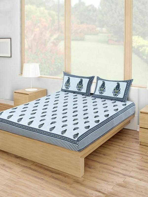 Salona Bichona 100 Cotton Blue Floral Printed Double Bedsheet Set