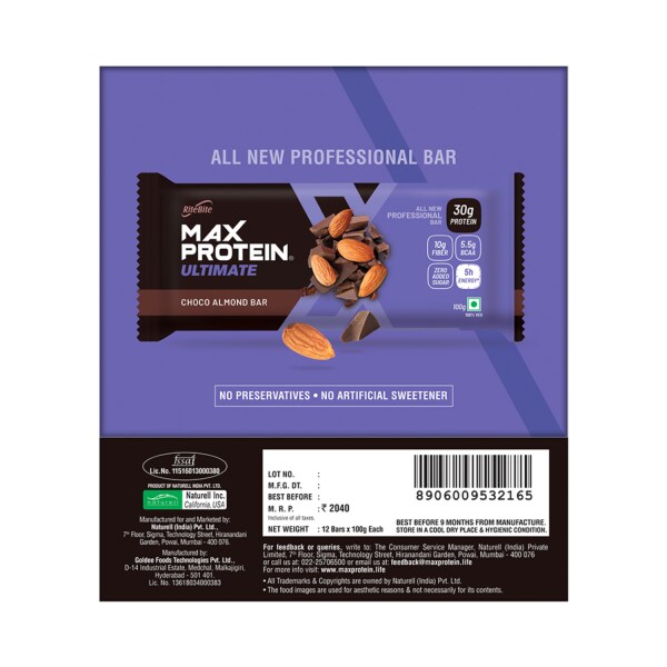 RiteBite Max Protein Ultimate Choco Almond Protein Bar (Pack of 12