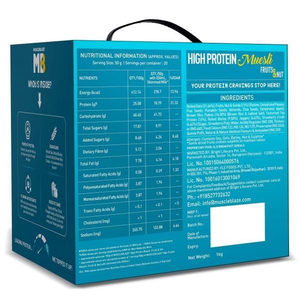 MuscleBlaze High Protein Muesli, Fruits & Nut, 18 g Protein, with
