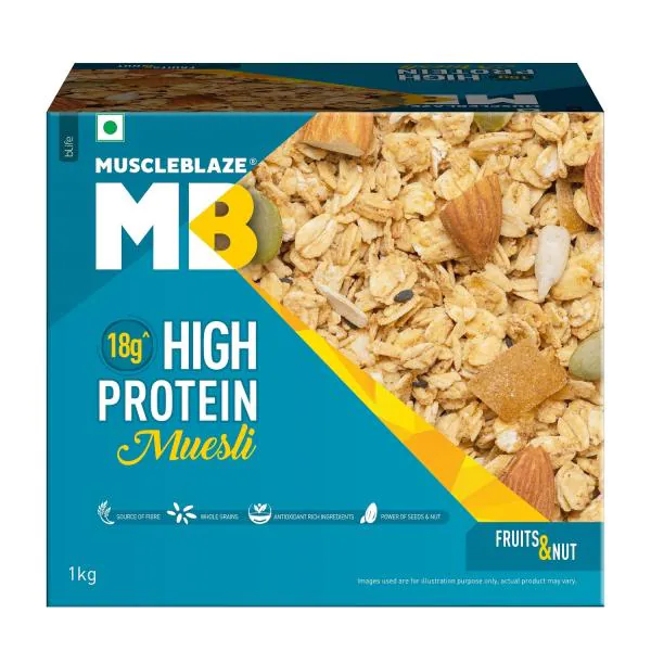 MuscleBlaze High Protein Muesli, Fruits & Nut, 18 g Protein, with