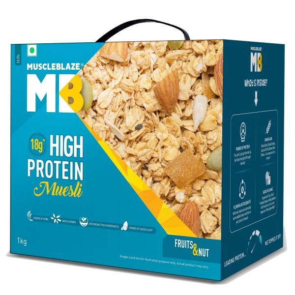 MuscleBlaze High Protein Muesli, Fruits & Nut, 18 g Protein, with