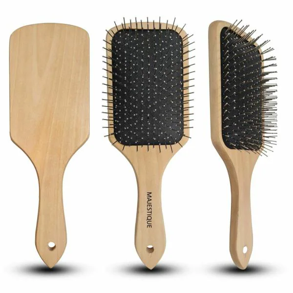 Majestique Wood Hair Brush Eco Friendly Paddle Hairbrush, Natural Wooden  Bamboo Brush with Metal Pin Bristles -