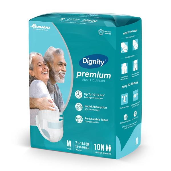 Dignity Premium Adult Diapers, Medium, Waist Size 28" 45" , 10 Pcs