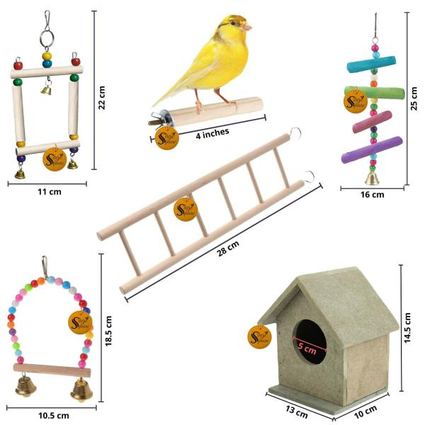 Sage Square Wooden Bird Toys Combo Bird House Perch Ladder Swing