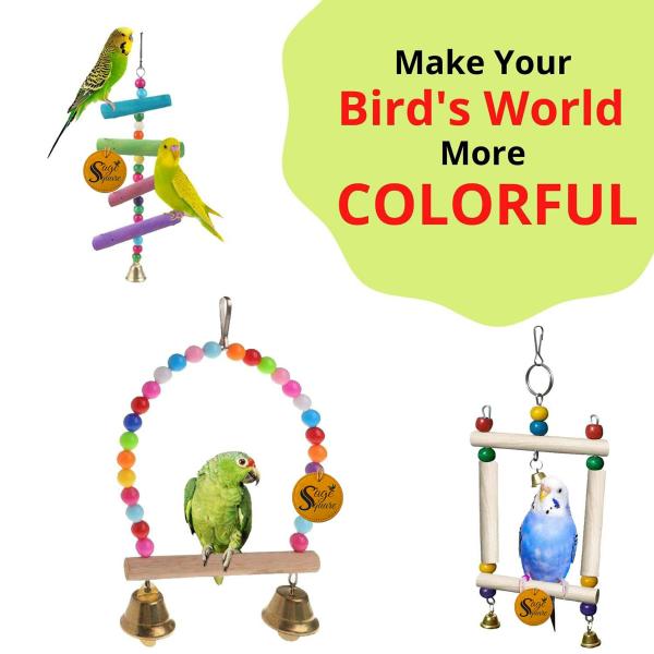 Sage Square Wooden Bird Toys Combo Bird House Perch Ladder Swing