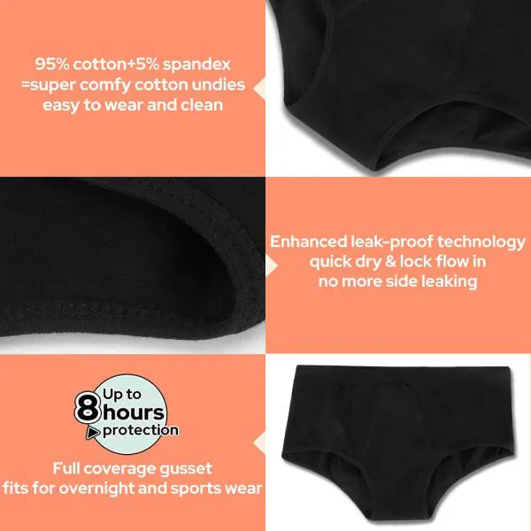 CareDone Women's Comfort black Reusable, Absorbent, Leak Protection Period Bikini Panties.(XL