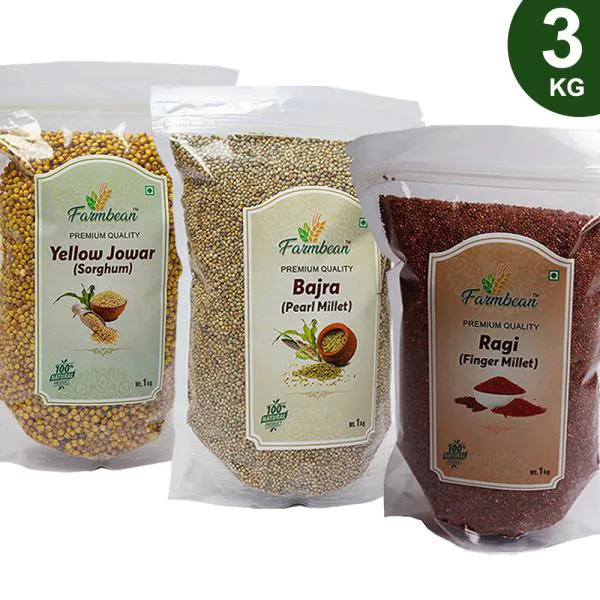 Farmbean Millets Combo Pack of 3 Yellow Jowar 1Kg, Bajra 1Kg, Ragi