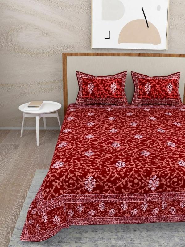 Salona Bichona 100 Cotton Red Floral Printed Double Bedsheet Set
