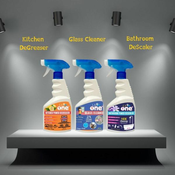 LA ONE Kitchen Power Degreaser remove Oil 500ml I Bathroom Descaler Lime 500ml I Glass Cleaner