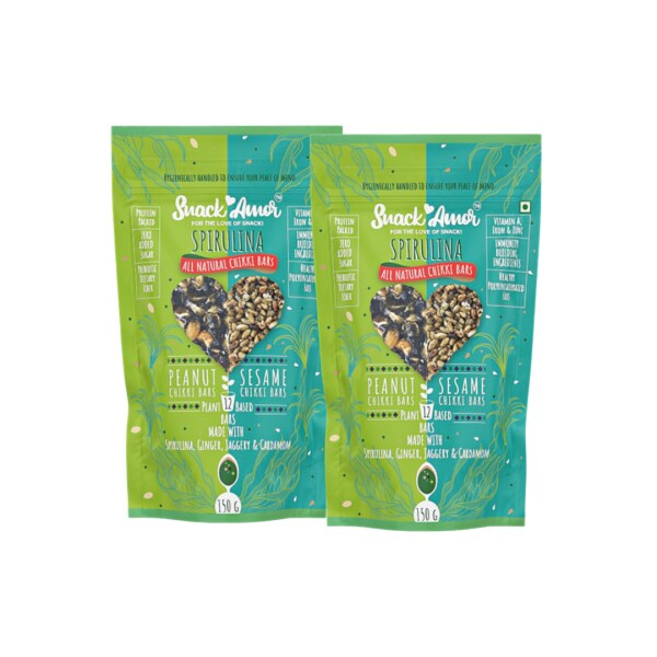 SnackAmor Spirulina Chikki Bars 150g each (12 Bars, Peanut and Seasame
