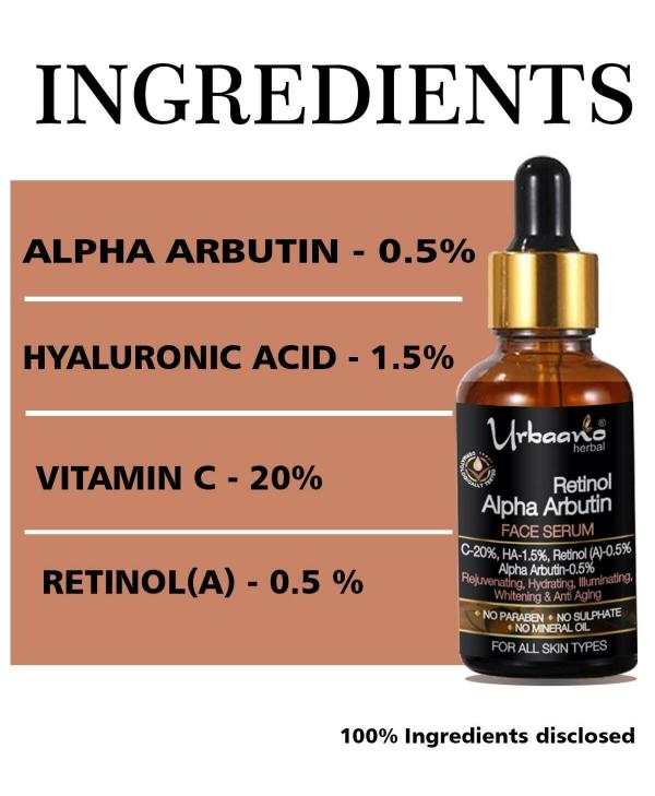 Urbaano Herbal Retinol Alpha Arbutin + Hyaluronic Acid Face Serum, 30ml