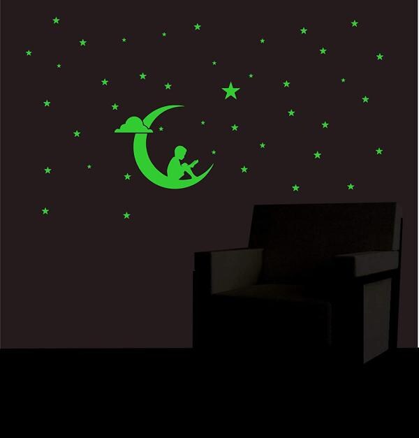 DreamKraft Green Graphic Print Vinyl Galaxy Of Stars With Moon Radium Stickers 25x1 cm JioMart