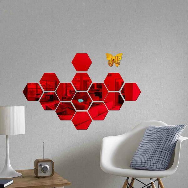 Look Decor Red Red Hexagon Mirror Wall Stickers With Butterfly