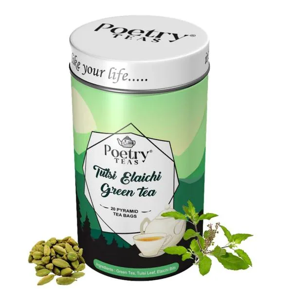 Poetry Teas Tulsi Elaichi Green Tea Stress Relief, Digestion (Pack Of 20 Pyramid Teabags) JioMart