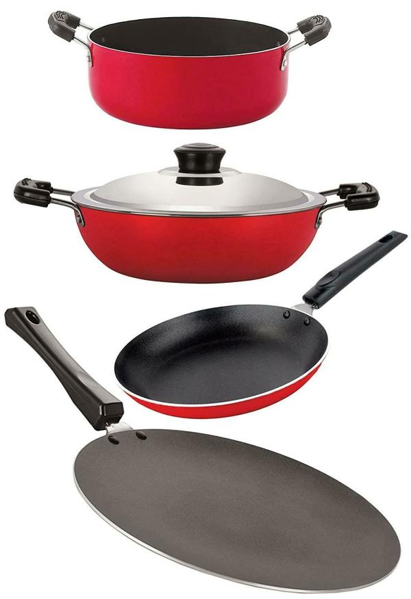 Nirlon 4 pcs of Red and Black Nonstick PFOA Free Kitchen Cooking Utensil Combo Set, Standard
