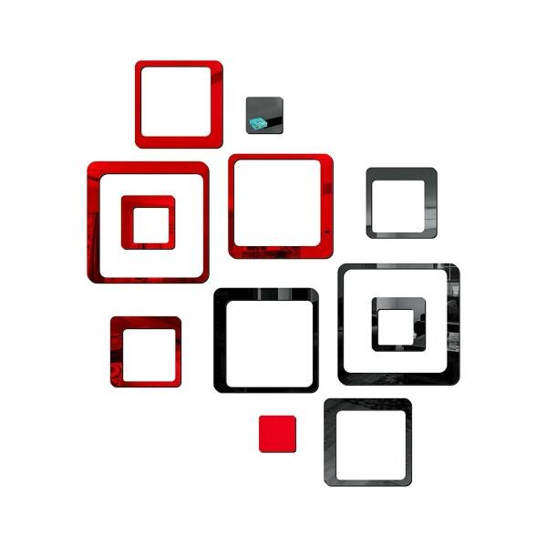 Look Decor Square Black Red 3D Acrylic Mirror Wall Sticker (Pack Of 12