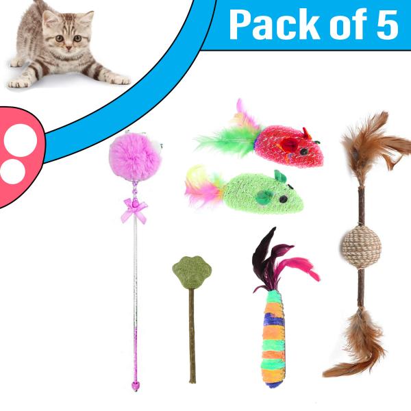 Emily Pets 5 in 1 Cat Toys Cat Stick, Feather Toy & Catnip Candy Toys
