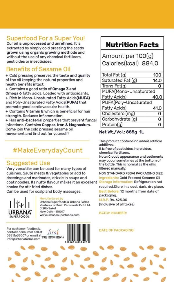 Urbana Superfoods Cold Pressed Additive Free Odourless White Seed