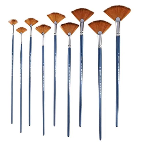 FRKBLong Handle 9 pcs Synthetic Fan Paint Brush Set for Acrylic